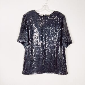 Vintage Frank Usher Women's 100% Silk Sequined Blouse in Black Size Large Party